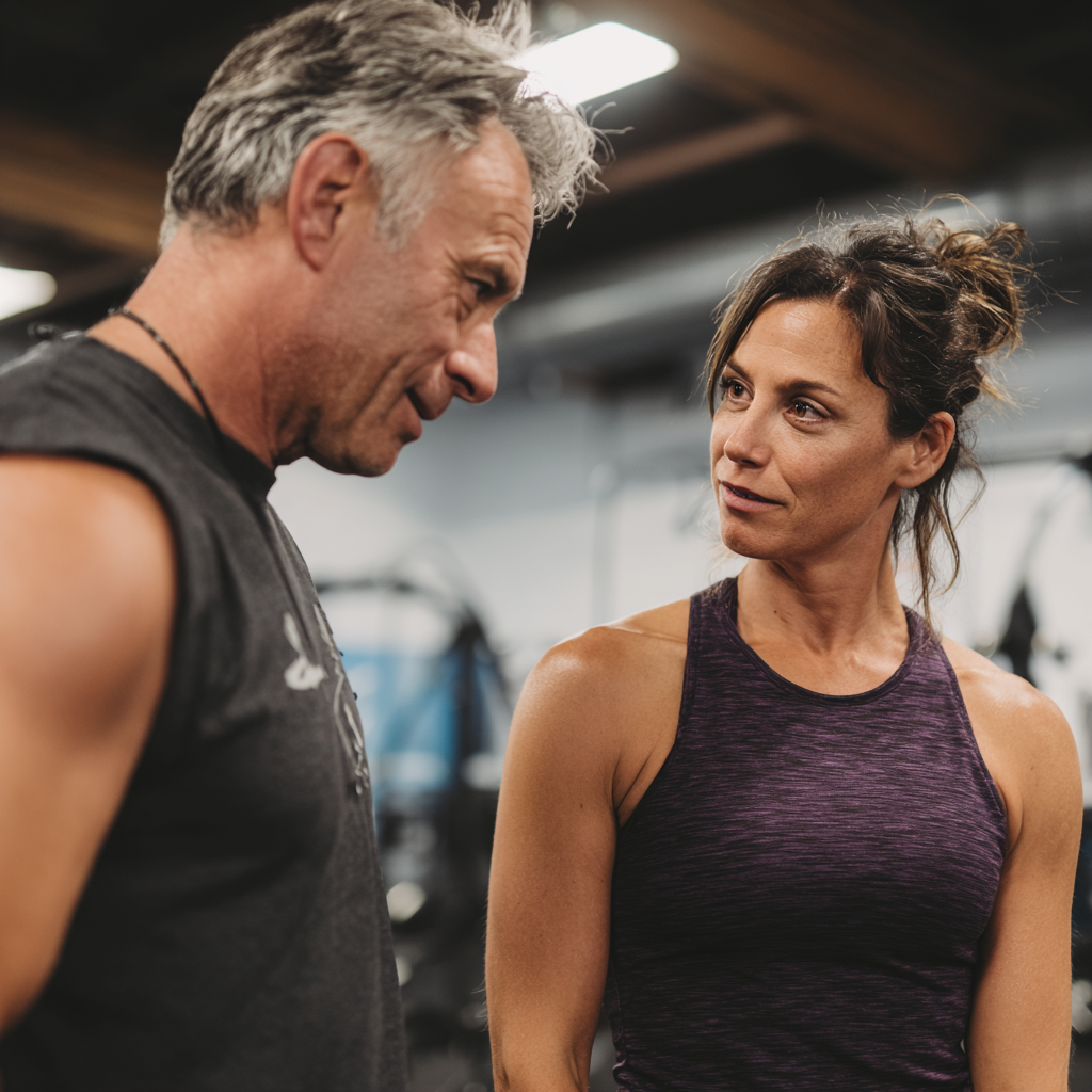 Професионален треньор на 52 години, работещ с клиент от същата възраст в персонална тренировка