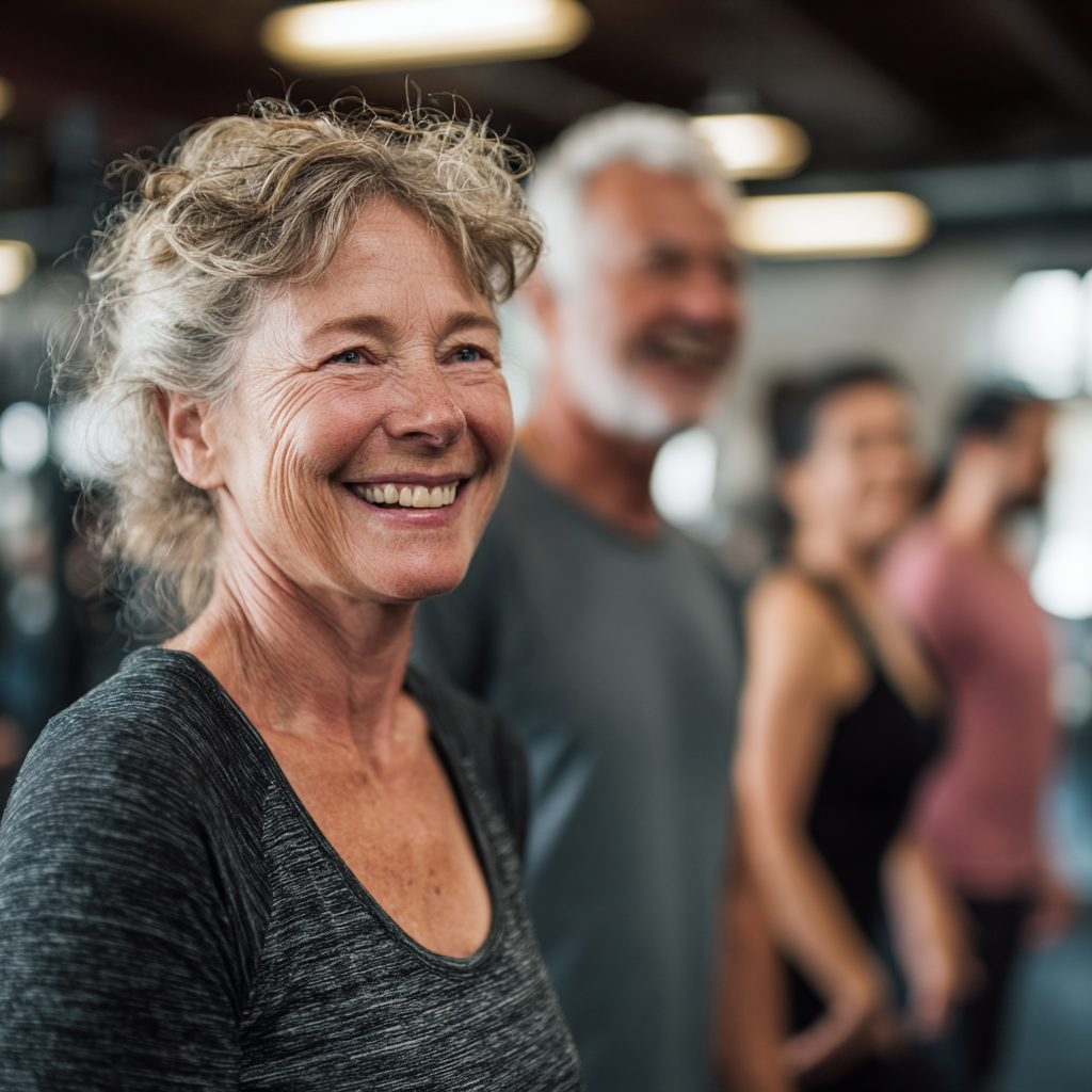 Група от хора на възраст 50-60 години, упражняващи се заедно в просторна фитнес зала със ентусиазъм