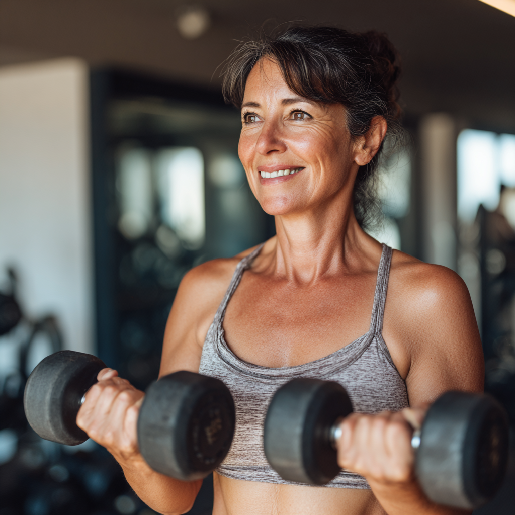Усмихната жена на 55 години във фитнес облекло, правеща упражнения с дъмбели в модерна фитнес зала