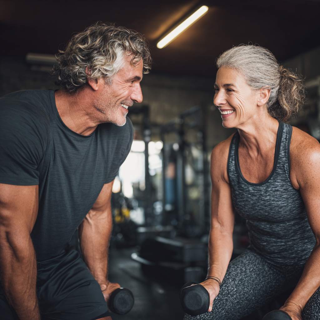 Усмихнат мъж на 58 години в спортни дрехи, правещ първата си тренировка с женски треньор в уютна фитнес зала